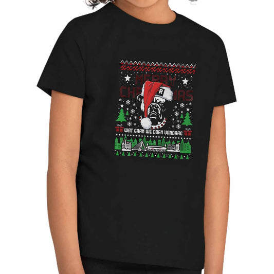 Kerst t-shirt regular zwart - kids - FR Kerst Bull Dog