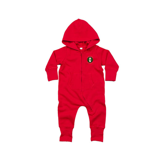 All-in-one baby onesie rood - FR - Wat gaan we doen vandaag - logo links