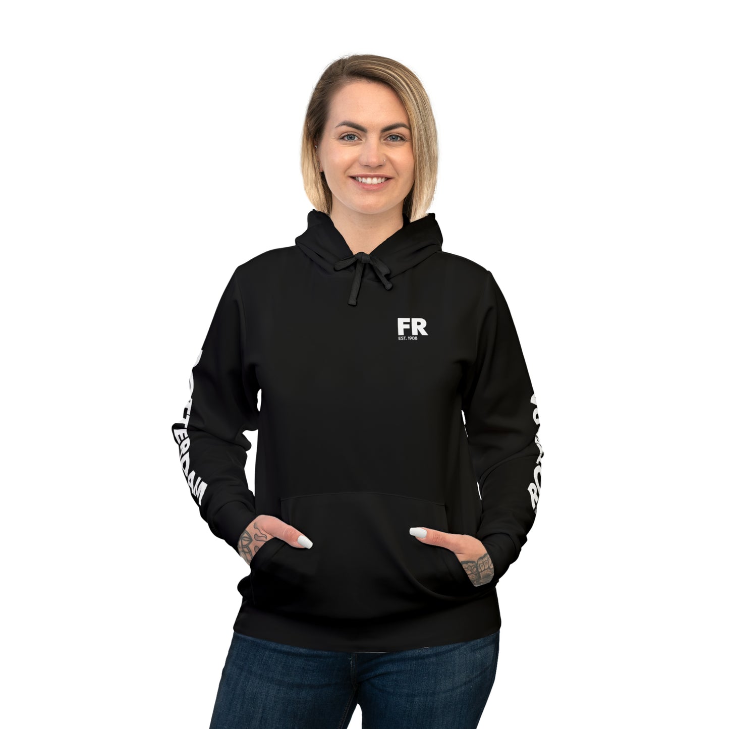 Zwarte hoodie met Rotterdam op de mauwen