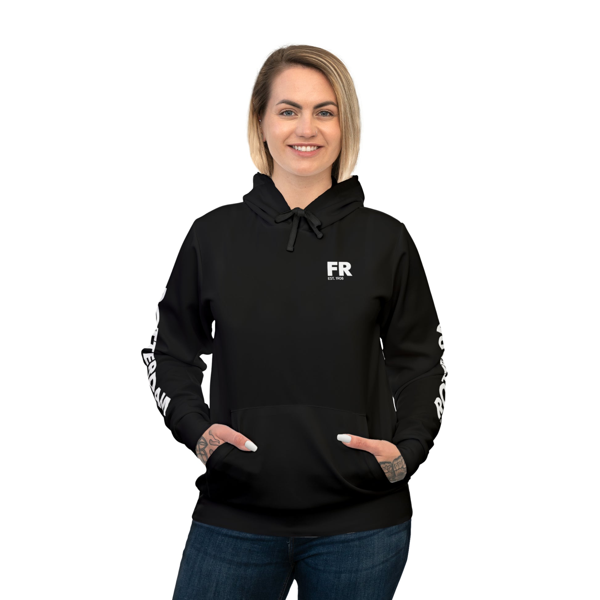 Zwarte hoodie met Rotterdam op de mauwen