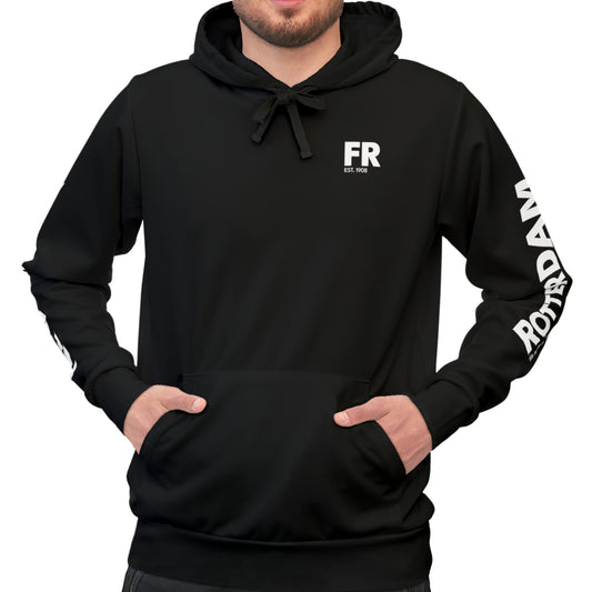 Zwarte hoodie met Rotterdam op de mauwen