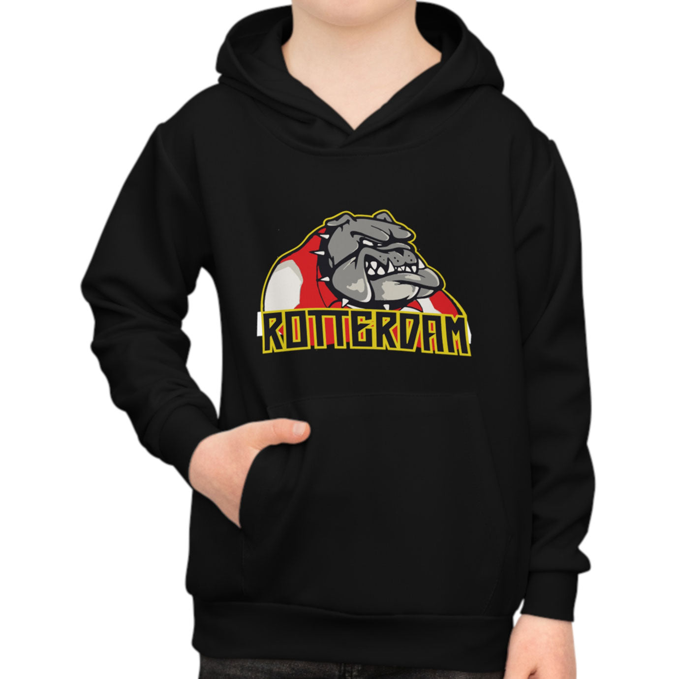 Hoodie regular zwart - kids - Bulldog Rotterdam - logo voor groot