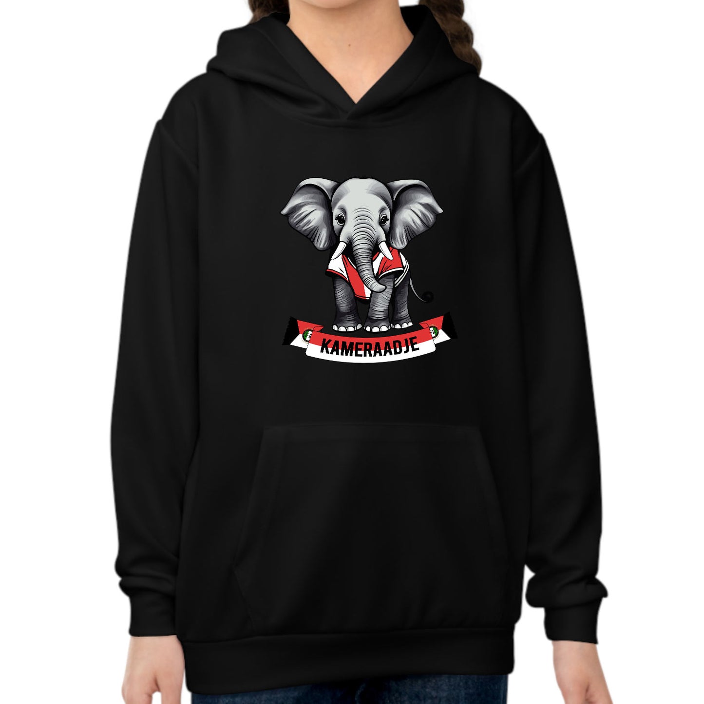 Hoodie regular zwart - kids - Kameraadje olifant - logo voor groot