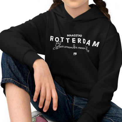 Hoodie regular zwart - kids - Rotterdam - Geen woorden maar daden - logo voor groot