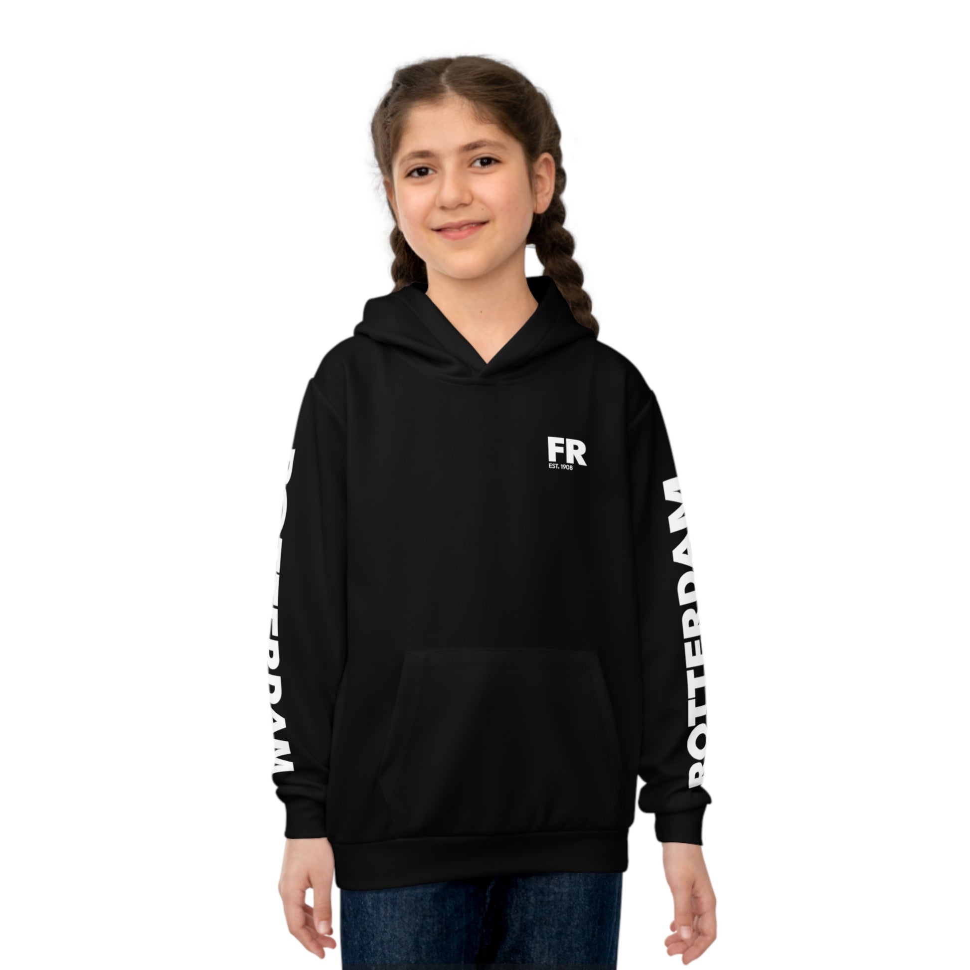 Zwarte kinder hoodie met Rotterdam op de mauwen