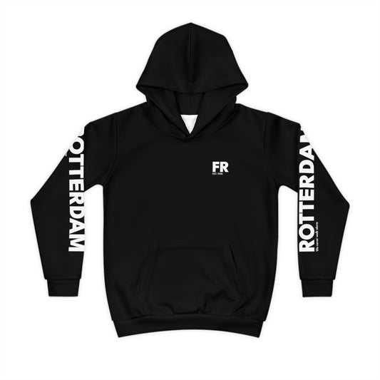 Zwart kinder hoodie met Rotterdam op de mauwen