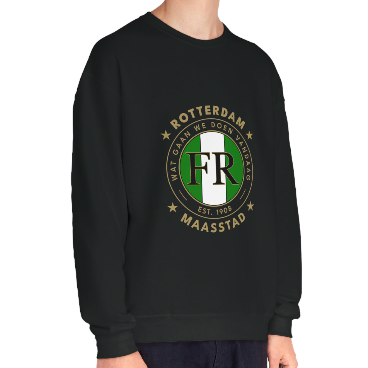 Sweater loose regular zwart - FR- Wat gaan we doen vandaag - logo voor groot