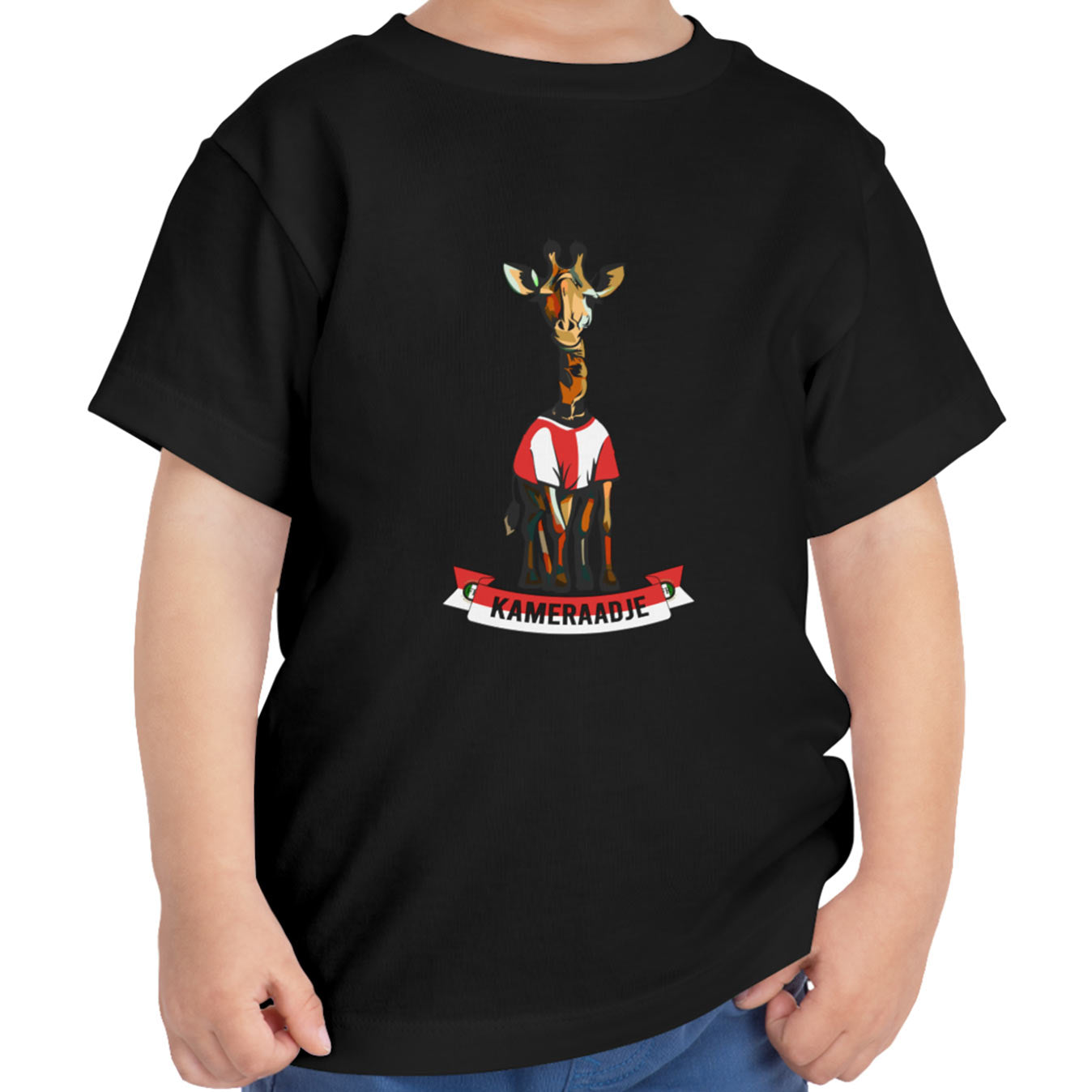 T-shirt regular zwart - kids - Kameraadje giraffe - logo voor groot