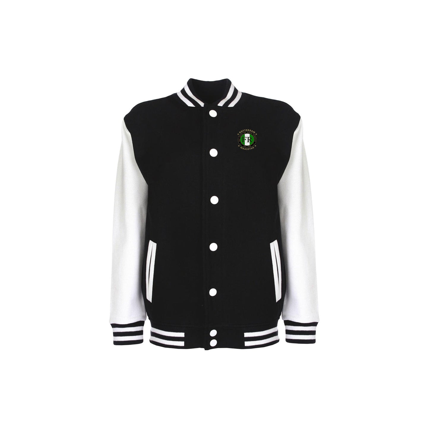 Varsity jas zwart - kids - FR - Wat gaan we doen vandaag - logo links