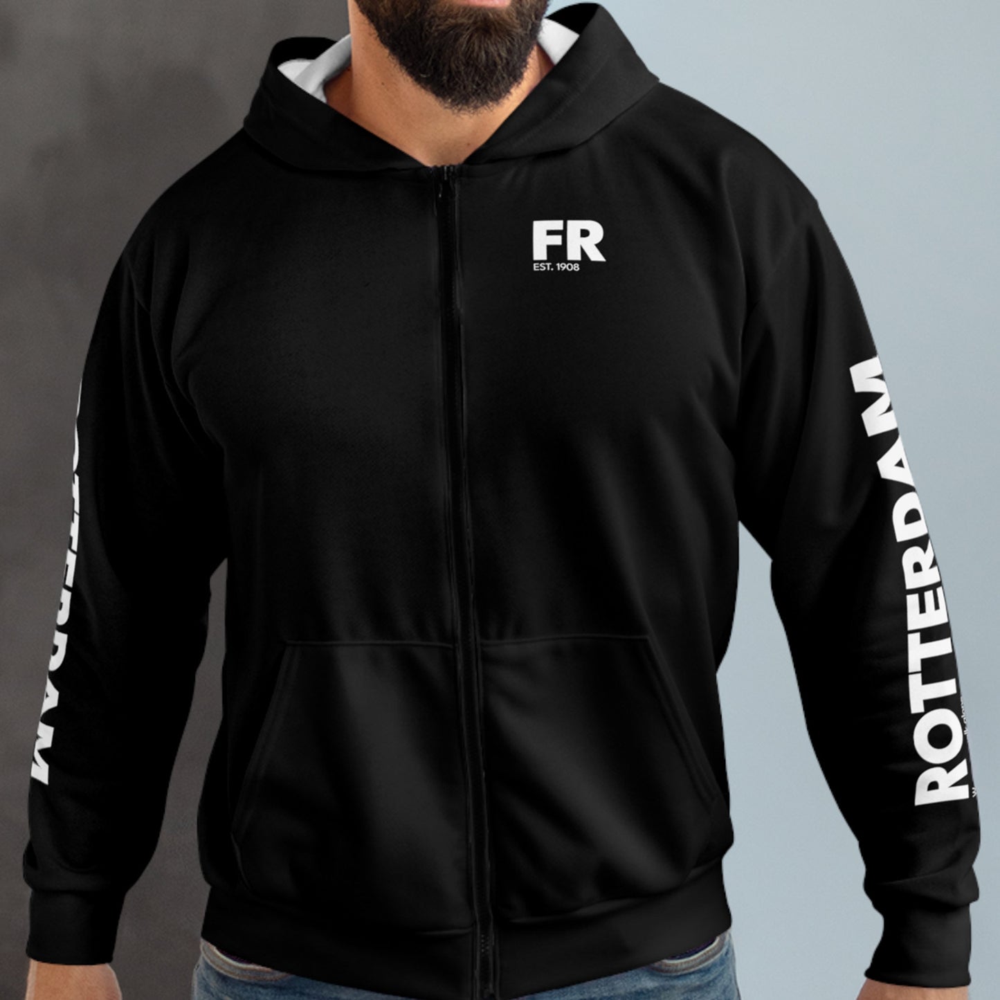 Hoodie met rits relax zwart - FR - EST. 1908 - logo voor en mouwen