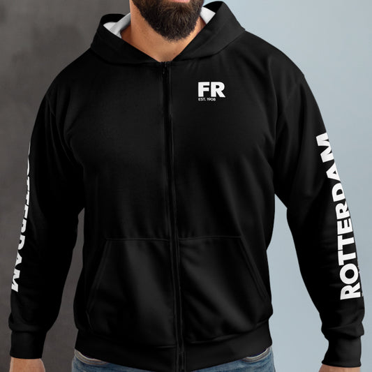 Hoodie met rits relax zwart - FR - EST. 1908 - logo voor en mouwen