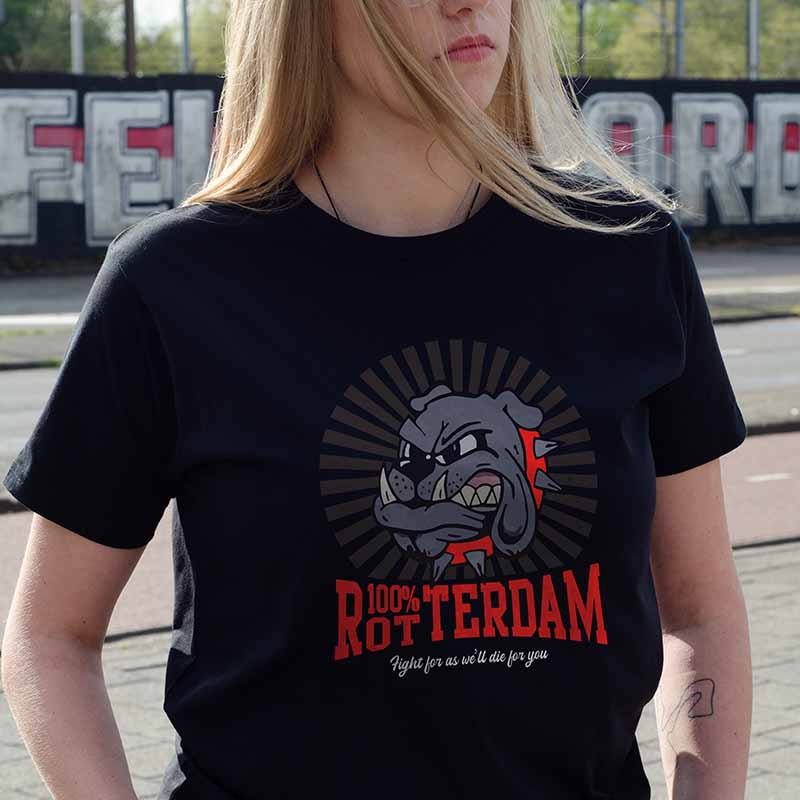 T-shirt regular zwart - 100% Rotterdam - Bulldog - logo voor groot