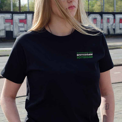 T-shirt regular zwart - Rotterdam groen wit groen - logo voor en achter