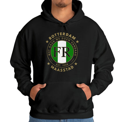 Hoodie relax zwart - FR- Wat gaan we doen vandaag - logo voor groot