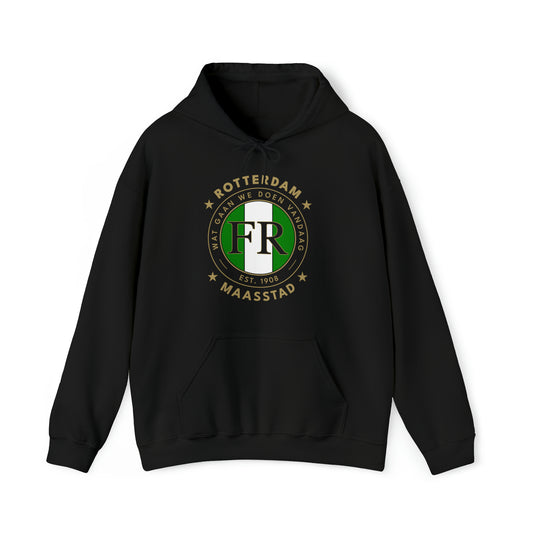 Hoodie relax zwart - FR- Wat gaan we doen vandaag - logo voor groot