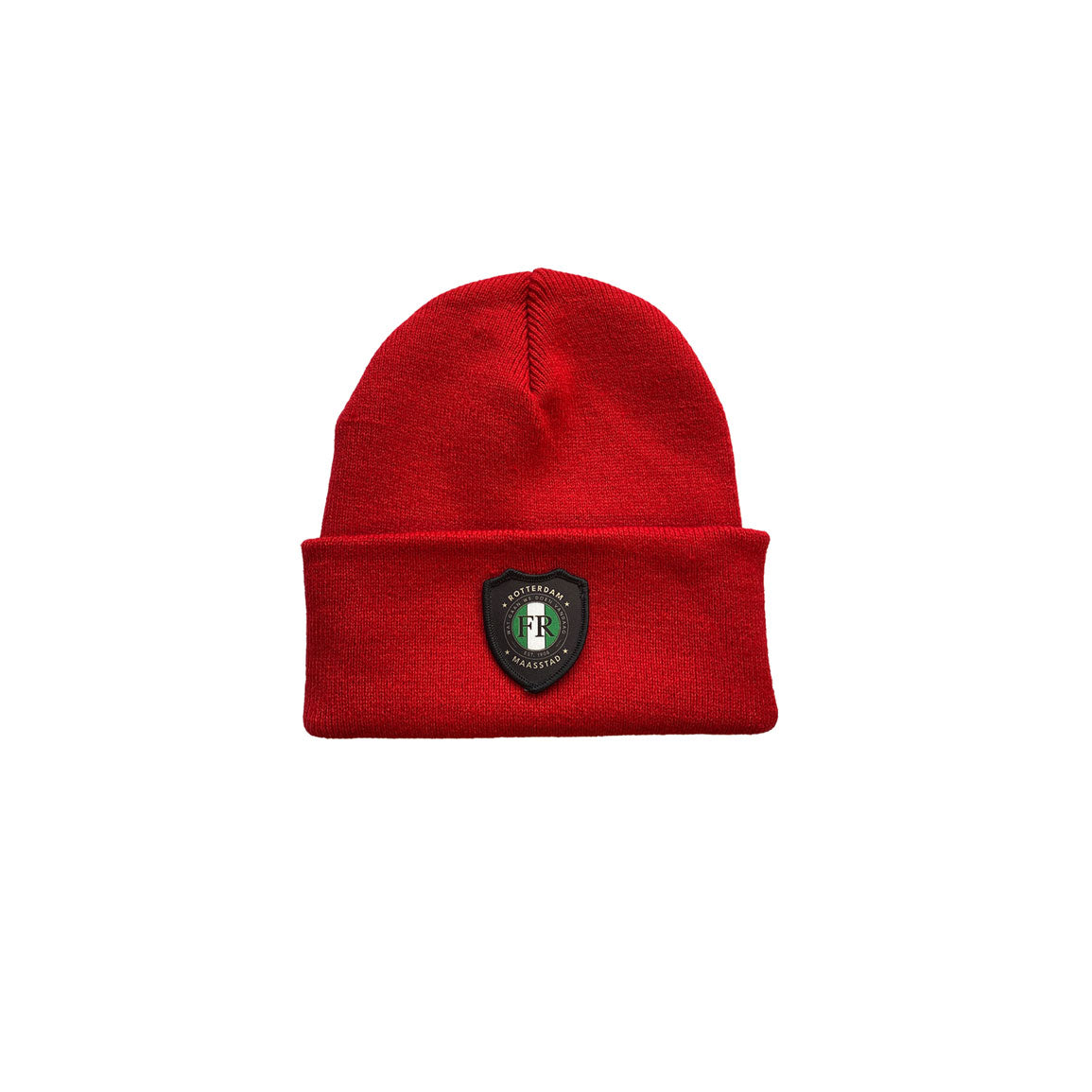 Muts beanie rood met badge - Kids - FR - Wat gaan we doen vandaag - logo voor