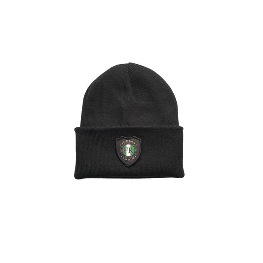 Muts beanie zwart met badge - Kids - FR - Wat gaan we doen vandaag - logo voor