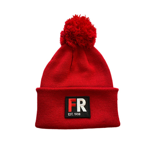 Muts beanie hoog rood met badge - FR - EST. 1908 - rood en wit logo voor