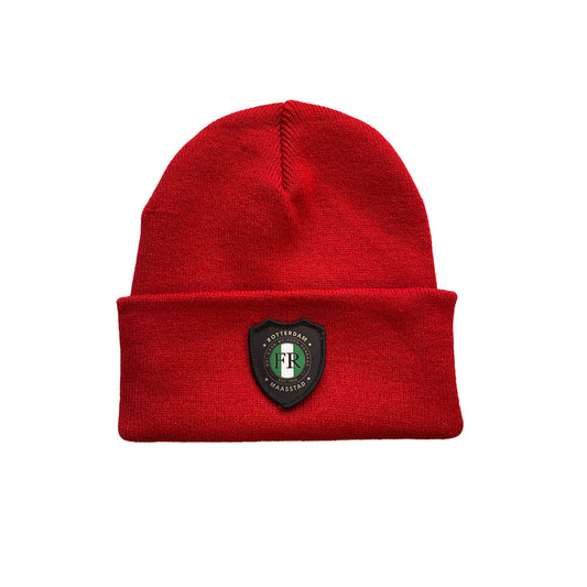 Muts beanie rood met badge - FR - Wat gaan we doen vandaag - logo voor