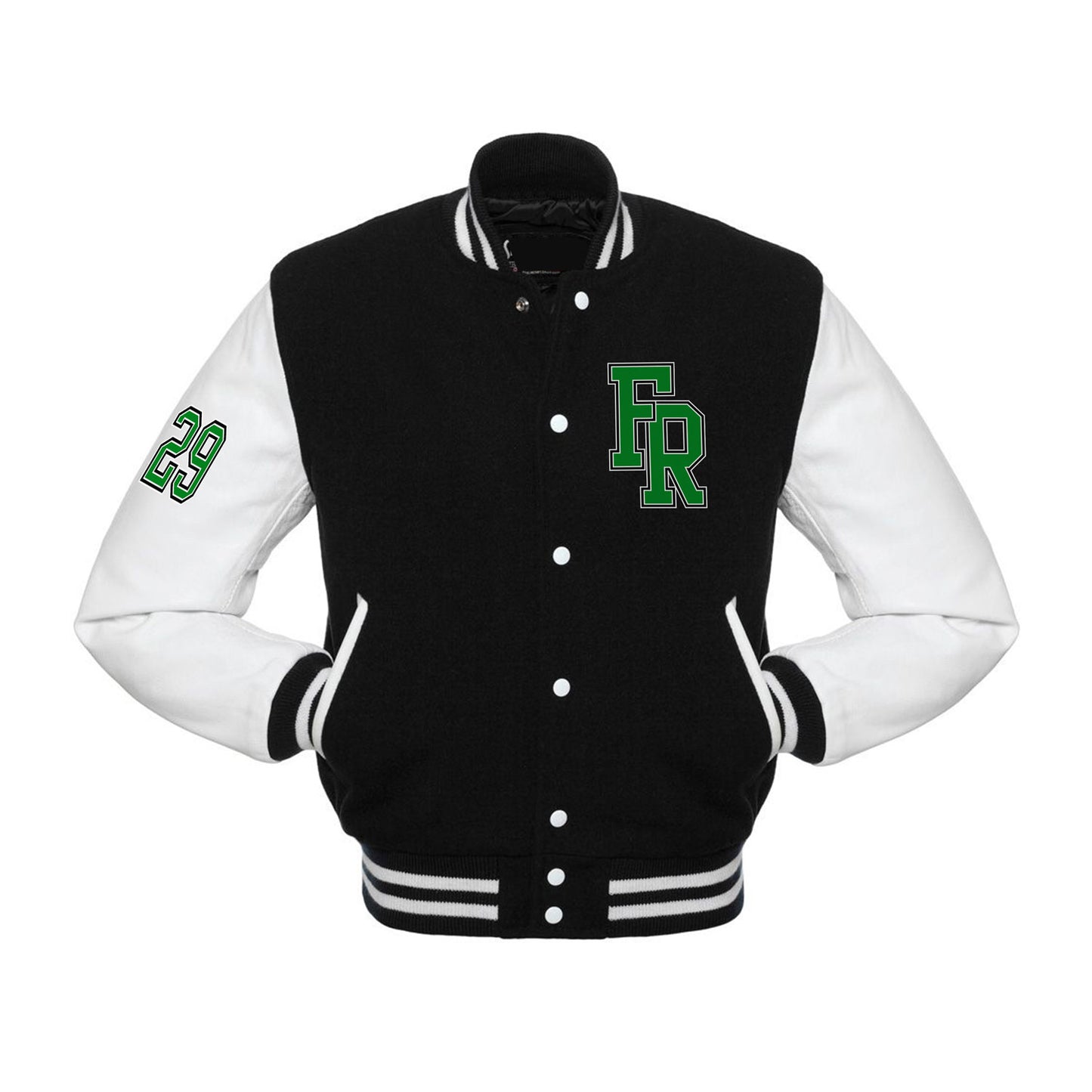 Varsity jas zwart - F over R - 29 - logo voor